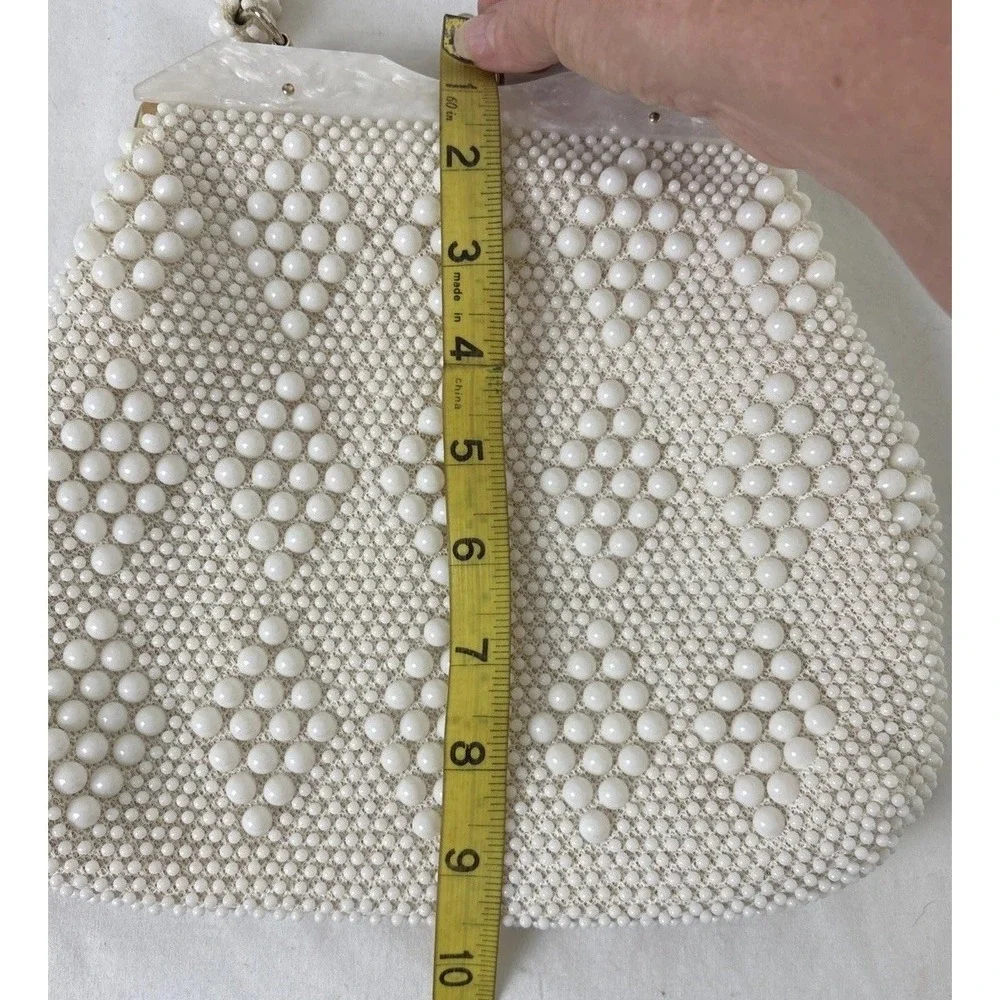 Vintage Beaded Bag Ivory Gold Tone Hong Kong 1950s Kiss Lock Summer